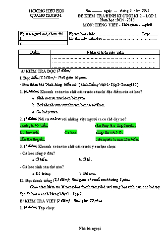 Đề kiểm tra định kì cuối kì 2 môn Tiếng Việt Lớp 1 - Năm học 2014-2015 (Có đáp án)