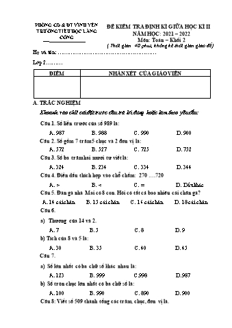 Đề kiểm tra định kì giữa học kì II môn Toán Khối 2 - Năm học 2021-2022
