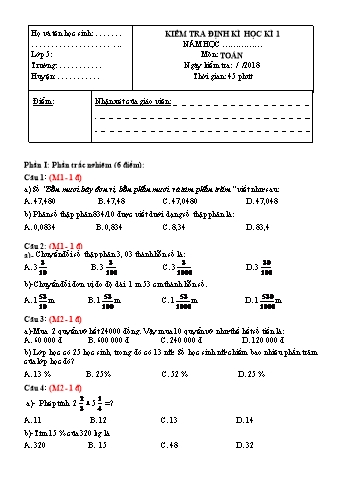 Đề kiểm tra định kì học kì 1 môn Toán Lớp 5 (Có đáp án)