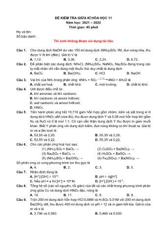 Đề kiểm tra giữa học kì 1 Hóa học Lớp 11 - Năm học 2021-2022