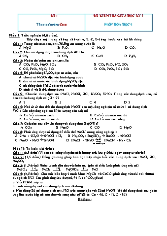 Đề kiểm tra giữa học kì 1 Hóa học Lớp 9 (Có hướng dẫn chấm)