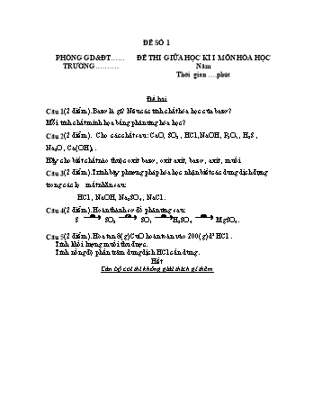 Đề kiểm tra giữa học kì 1 Hóa học Lớp 9 - Đề 1+2 (Có đáp án)