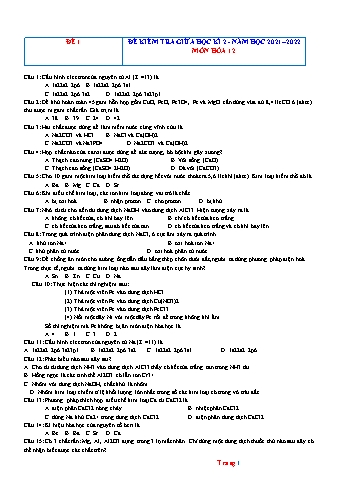 Đề kiểm tra giữa học kì 2 Hóa học Lớp 12 - Năm học 2021-2022 (Có đáp án)