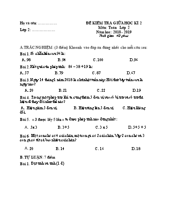 Đề kiểm tra giữa học kì 2 môn Toán Lớp 2 - Năm học 2018-2019 - Đề số 1