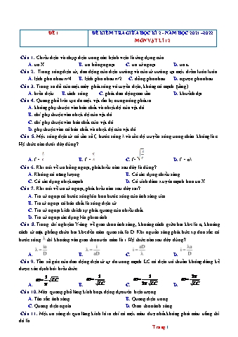 Đề kiểm tra giữa học kì 2 môn Vật lí 12 - Năm học 2021-2022 (Có đáp án)