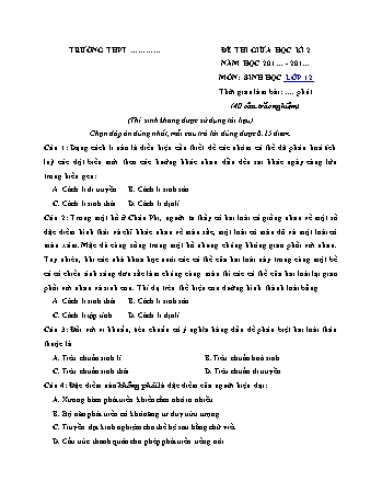 Đề kiểm tra giữa học kì 2 Sinh học Khối 12 (Có đáp án)