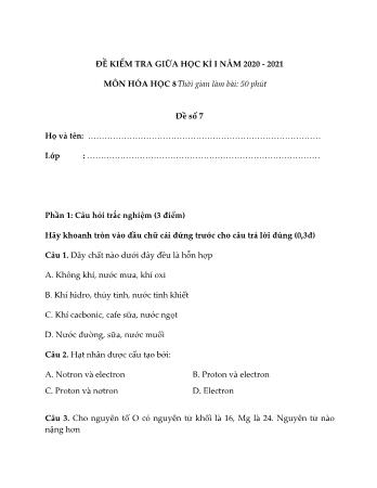 Đề kiểm tra giữa học kì I môn Hóa học 8 - Năm 2020-2021 (Có đáp án)