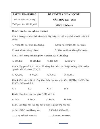 Đề kiểm tra giữa học kì I môn Hóa học 8 - Năm học 2021-2022