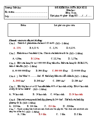 Đề kiểm tra giữa học kì II môn Toán Lớp 5 (Có đáp án)