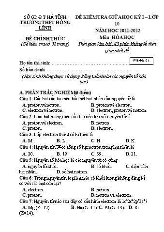 Đề kiểm tra giữa học kỳ I môn Hóa học Lớp 10 - Năm học 2021-2022 (Có đáp án)