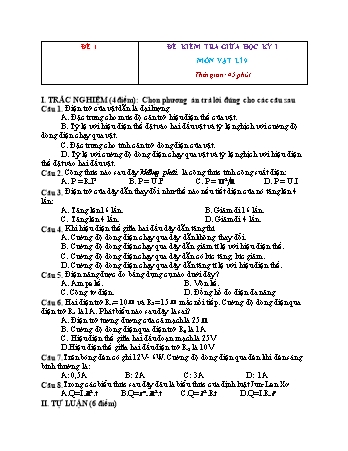 Đề kiểm tra giữa học kỳ I môn Vật lí 9 (Có đáp án)