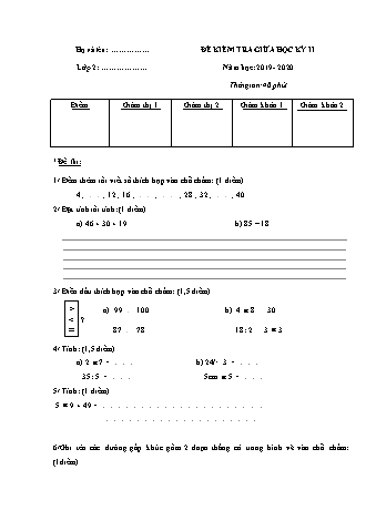 Đề kiểm tra giữa học kỳ II môn Toán 2 - Năm học 2019-2020 (Có đáp án)
