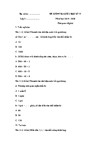 Đề kiểm tra giữa học kỳ II môn Toán 2 - Năm học 2019-2020