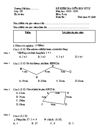 Đề kiểm tra giữa học kỳ II môn Toán Lớp 2 - Năm học 2019-2020