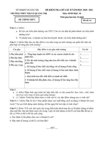 Đề kiểm tra giữa kì II môn Sinh học 10- Năm học 2020-2021 - Trường THPT Thị xã Quảng Trị