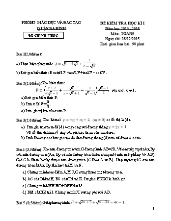 Đề kiểm tra học kì I môn Toán 9 - Năm học 2015-2016 (Có đáp án và biểu điểm)