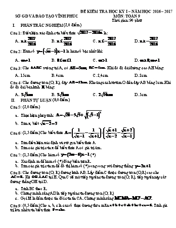 Đề kiểm tra học kì I môn Toán 9 - Năm học 2016-2017 - Sở GD và ĐT Vĩnh Phúc