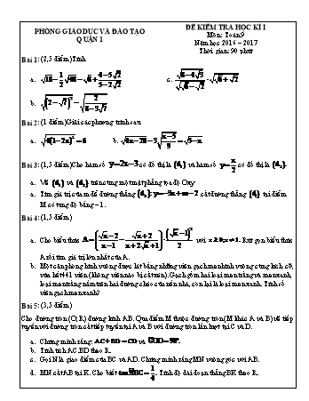 Đề kiểm tra học kì I môn Toán 9 - Năm học 2016-2017