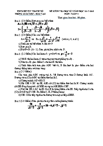 Đề kiểm tra học kì I môn Toán 9 - Năm học 2017-2018 (Kèm hướng dẫn chấm)