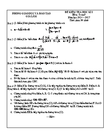 Đề kiểm tra học kì I môn Toán học 9 - Năm học 2016-2017