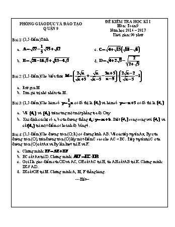 Đề kiểm tra học kì I môn Toán học Lớp 9 - Năm học 2016-2017