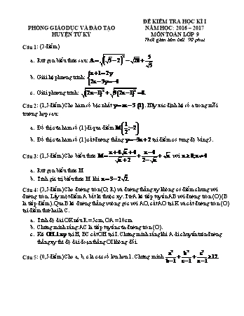 Đề kiểm tra học kì I môn Toán Lớp 9 - Năm học 2016-2017