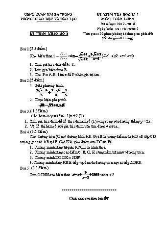 Đề kiểm tra học kì I môn Toán Lớp 9 - Năm học 2017-2018 - Đề số 2 (Có đáp án)
