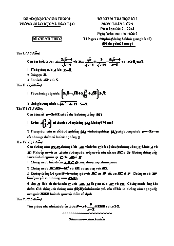 Đề kiểm tra học kì I môn Toán Lớp 9 - Năm học 2017-2018 (Kèm đáp án và thang điểm)