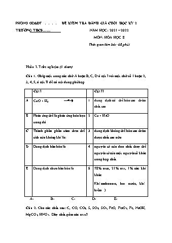 Đề kiểm tra học kì II môn Hóa học Lớp 8 - Năm học 2021-2022 - Đề 5