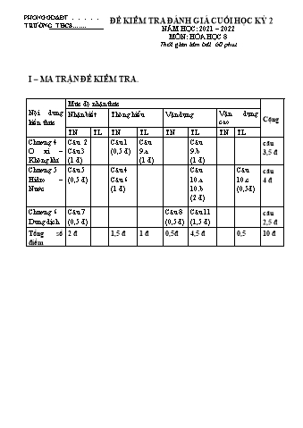 Đề kiểm tra học kì II môn Hóa học Lớp 8 - Năm học 2021-2022 - Đề 3