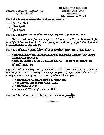 Đề kiểm tra học kì II môn Toán 9 - Năm học 2016-2017