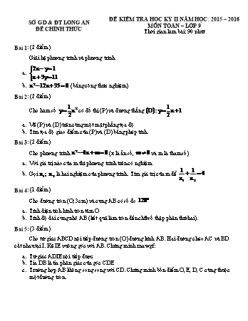 Đề kiểm tra học kì II môn Toán Lớp 9 - Năm học 2015-2016 - Trường THPT Long An