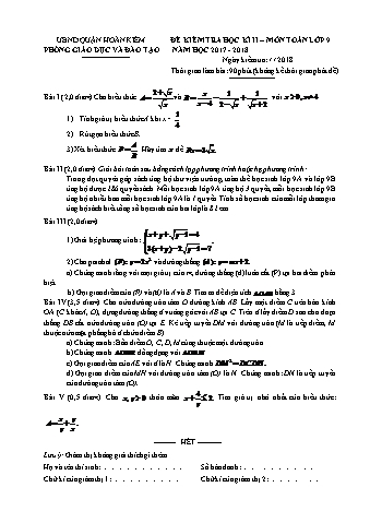Đề kiểm tra học kì II môn Toán Lớp 9 - Năm học 2017-2018 (Kèm hướng dẫn chấm)