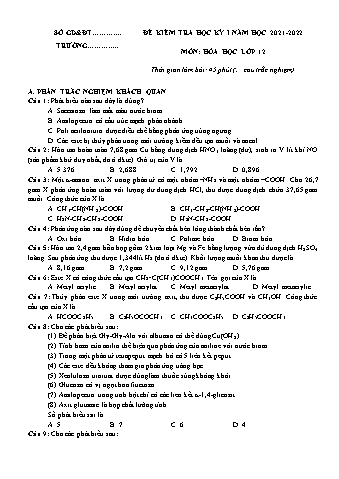 Đề kiểm tra học kỳ I môn Hóa học 12 - Năm học 2021-2022 - Đề 1