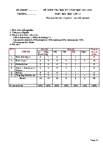 Đề kiểm tra học kỳ I môn Hóa học 12 - Năm học 2021-2022 - Đề 2