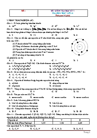 Đề kiểm tra học kỳ I môn Hóa học Lớp 10 (Có đáp án)
