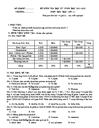 Đề kiểm tra học kỳ I môn Hóa học Lớp 12 - Năm học 2021-2022 (Có đáp án và hướng dẫn chấm)