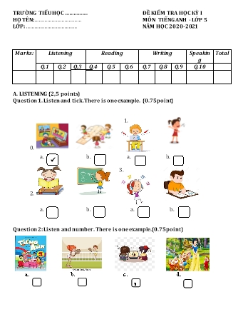 Đề kiểm tra học kỳ I môn Tiếng Anh Lớp 5 - Năm học 2020-2021