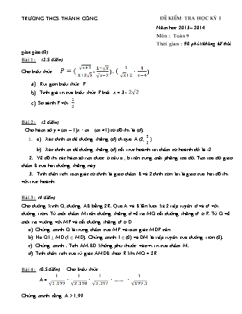 Đề kiểm tra học kỳ I môn Toán 9 - Năm học 2013-2014 - Trường THPT Thành Công