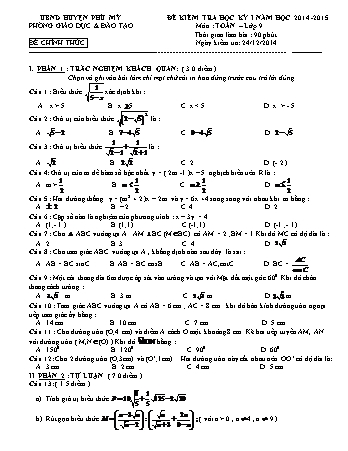 Đề kiểm tra học kỳ I môn Toán 9 - Năm học 2014-2015 (Kèm hướng dẫn chấm)