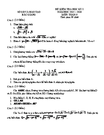 Đề kiểm tra học kỳ I môn Toán 9 - Năm học 2015-2016 - Sở GD và ĐT Bắc Giang