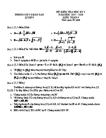 Đề kiểm tra học kỳ I môn Toán 9 - Năm học 2015-2016