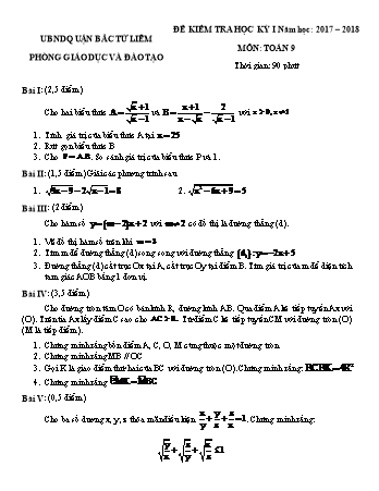 Đề kiểm tra học kỳ I môn Toán Khối 9 - Năm học 2017-2018