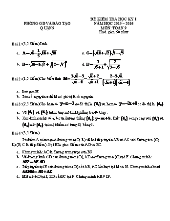 Đề kiểm tra học kỳ I môn Toán Lớp 9 - Năm học 2015-2016