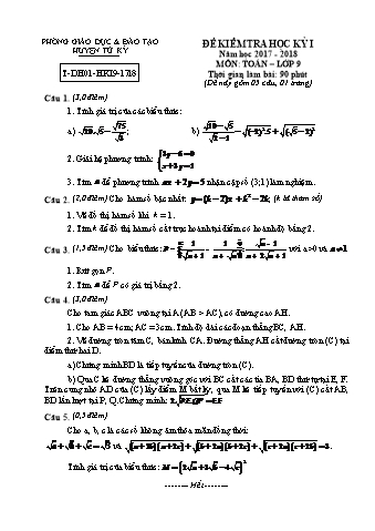 Đề kiểm tra học kỳ I môn Toán Lớp 9 - Năm học 2017-2018 (Có đáp án)
