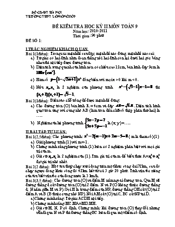 Đề kiểm tra học kỳ II môn Toán 9 - Năm học 2010-2011 - Trường THPT Lômônôxốp (Có đáp án)