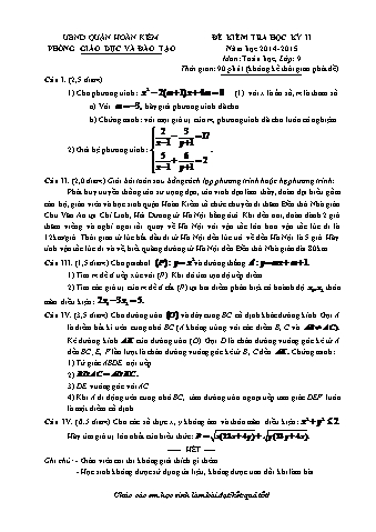 Đề kiểm tra học kỳ II môn Toán học Lớp 9 - Năm học 2014-2015 (Kèm hướng dẫn chấm)