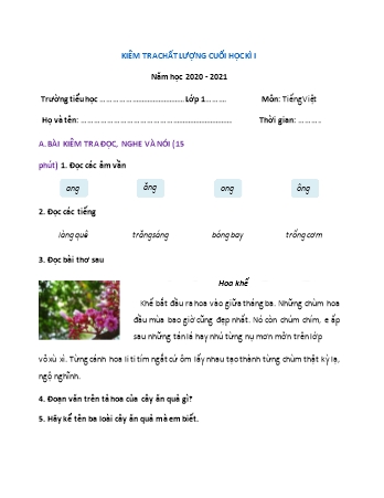 Đề kiểm tra phát triển năng lực chất lượng cuối học kì 1 Tiếng Việt Lớp 1 - Đề 2 - Năm học 2020-2021