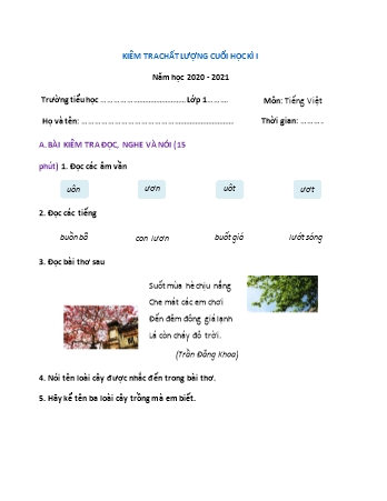 Đề kiểm tra phát triển năng lực chất lượng cuối học kì 1 Tiếng Việt Lớp 1 - Đề 1 - Năm học 2020-2021