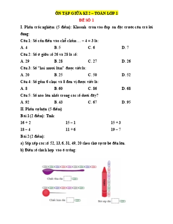 Đề ôn tập giữa kì 2 môn Toán Lớp 1